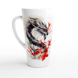 A tall white ceramic latte mug featuring a stylized black and red dragon illustration printed on the side, set against a clean white background.