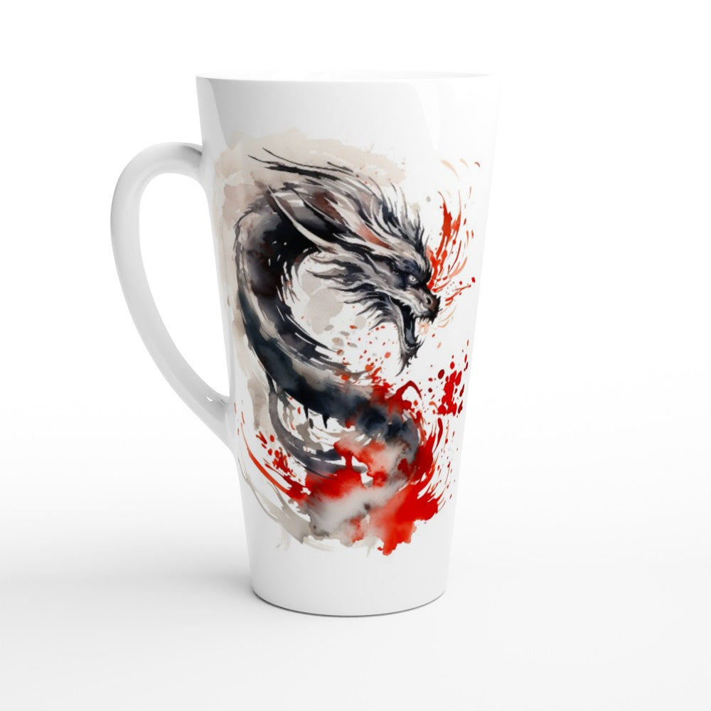 A tall white ceramic latte mug featuring a stylized black and red dragon illustration printed on the side, set against a clean white background.