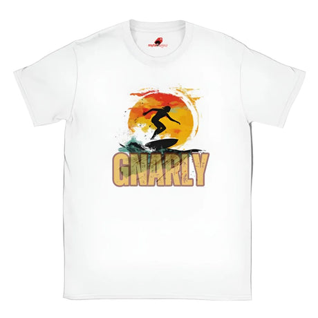 A white crew neck t-shirt with a graphic print of a surfer and the word 'GNARLY' on the front.