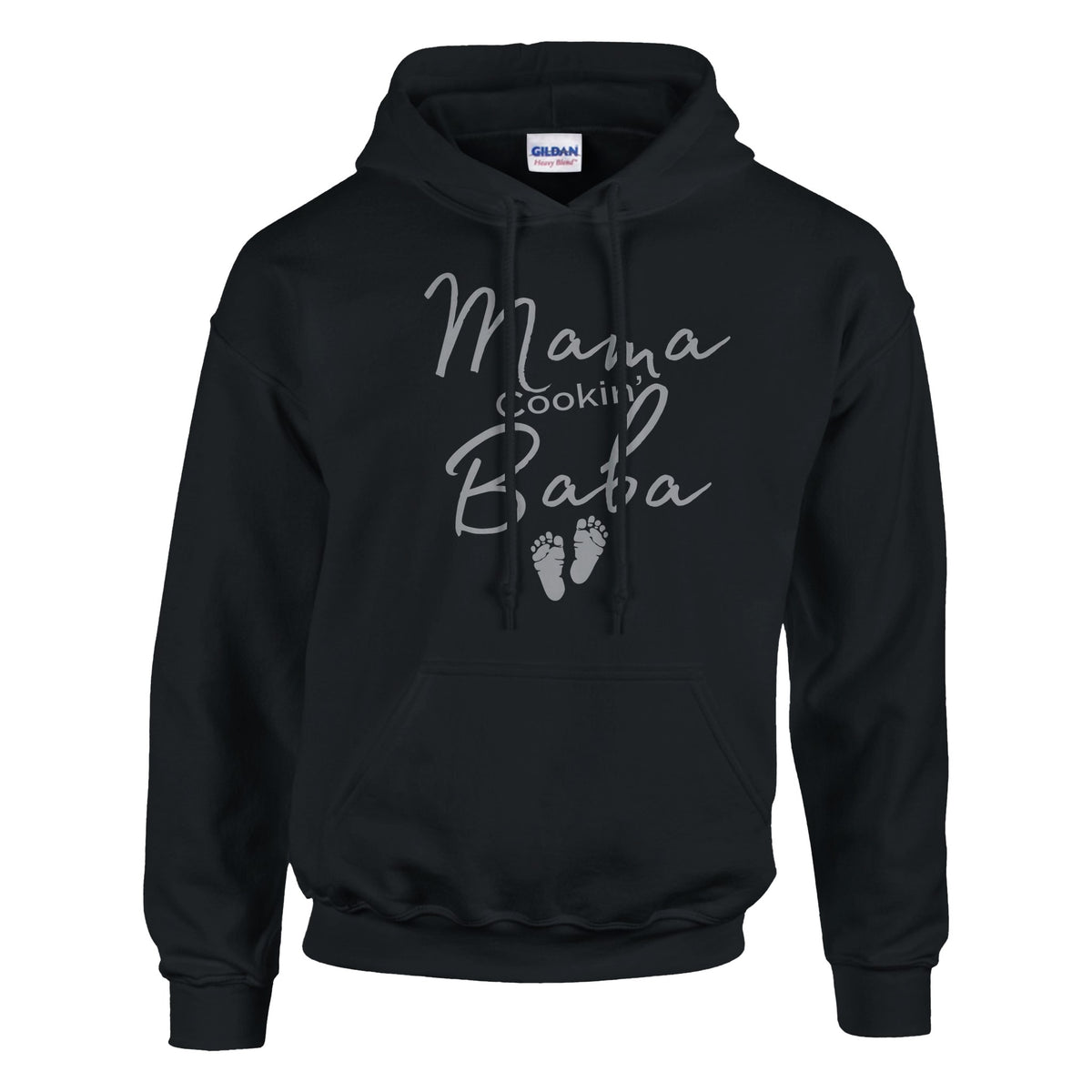 Back Hoodie with "Mama Cookin' Baba" with tiny silhouetted feet