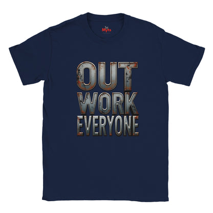 Navy blue t-shirt with metallic text 'OUT WORK EVERYONE' on a white background