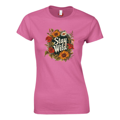 Azalea t-shirt with floral design and 'Stay Wild' text on a white background