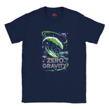 Navy blue t-shirt with 'Zero Gravity' graphic design on a white background