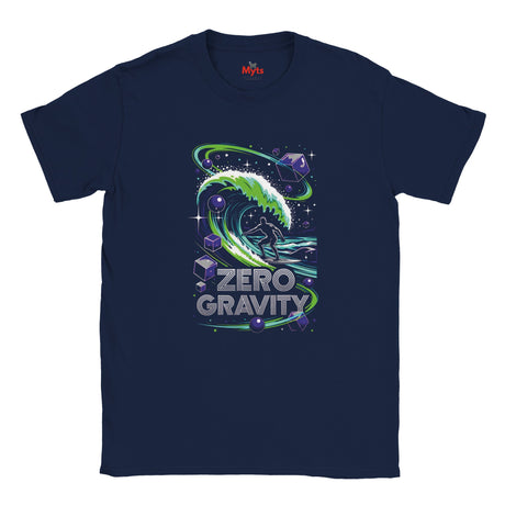 Navy blue t-shirt with 'Zero Gravity' graphic design on a white background