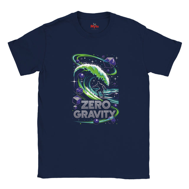 Navy blue t-shirt with 'Zero Gravity' graphic design on a white background