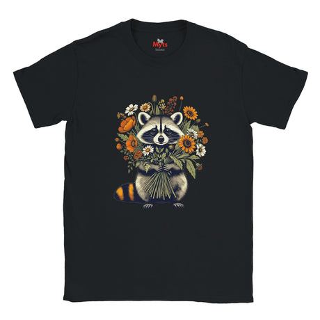 A black short-sleeve crewneck t-shirt featuring a colorful graphic of a raccoon holding a bouquet of sunflowers and wildflowers, displayed on a solid white background.