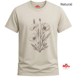 A Natural minimalist poppy flower T-shirt featuring delicate neutral botanical floral line art by MytsDesigns.