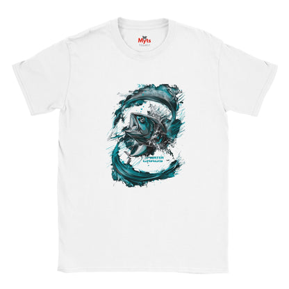 Topwater Chaos fishing T-shirt with dynamic jumping fish and water splash graphic on white unisex tee