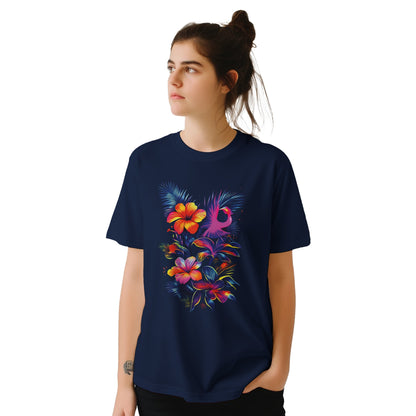 Girl wearing Navy neon floral t-shirt