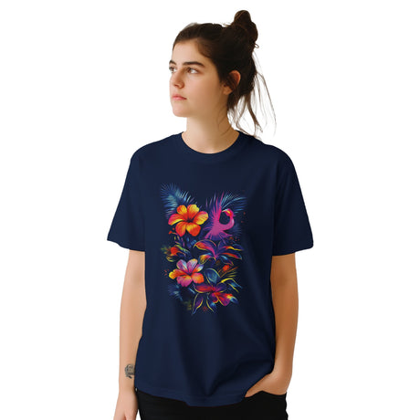 Girl wearing Navy neon floral t-shirt