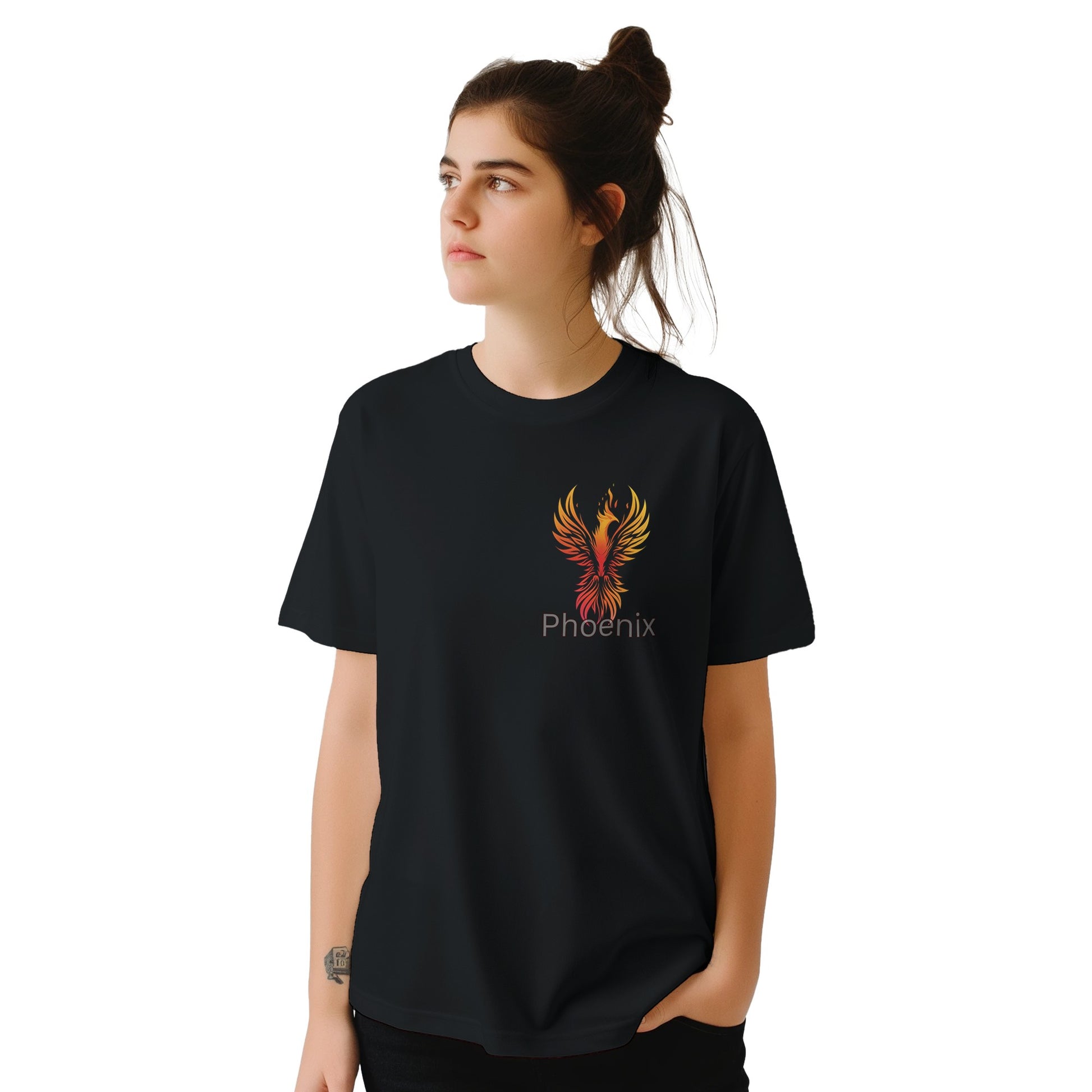 Person wearing a black t-shirt with a colorful phoenix design on a white background