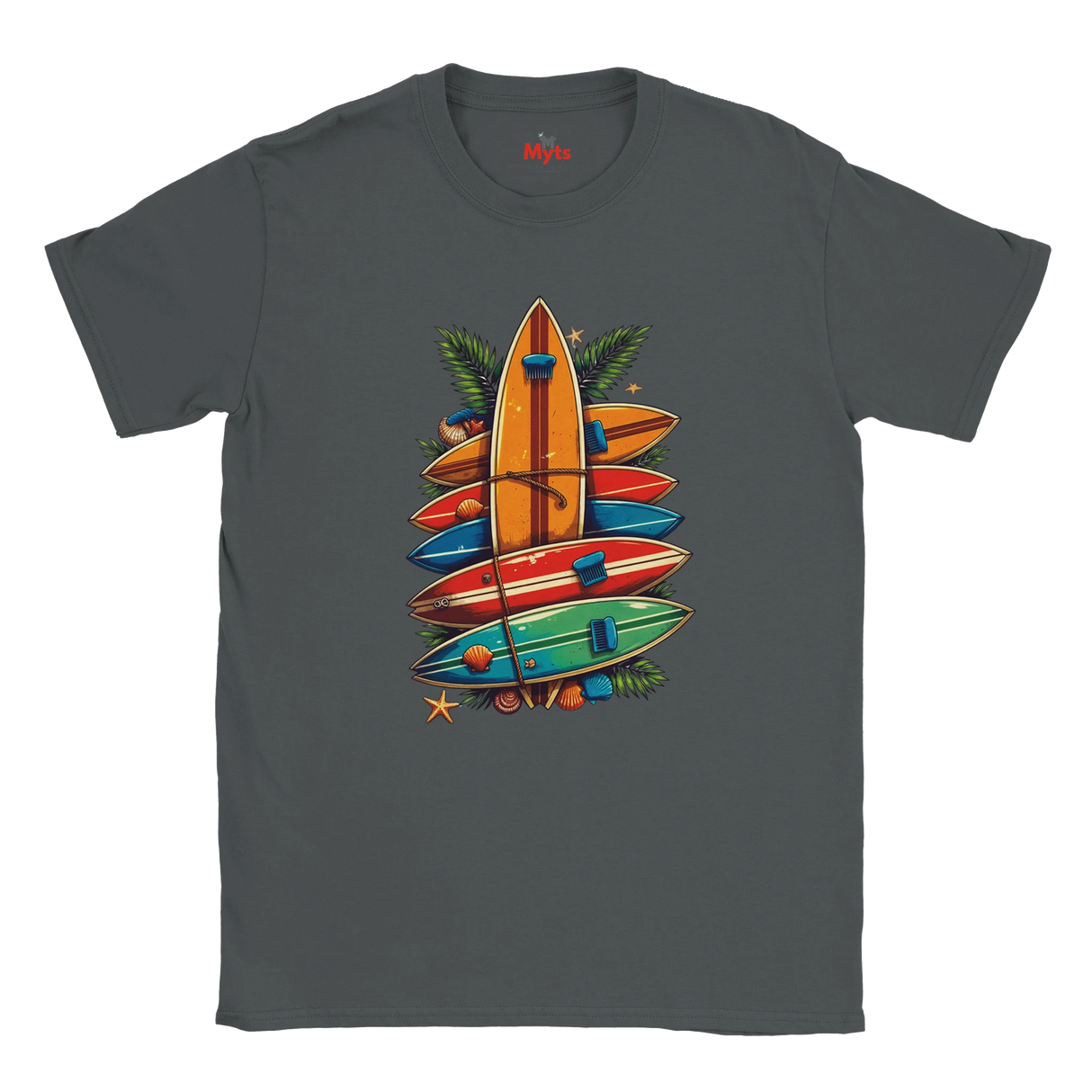 Charcoal t-shirt with colorful surfboard design on a white background