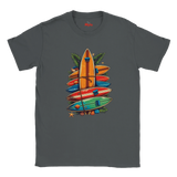 Charcoal t-shirt with colorful surfboard design on a white background