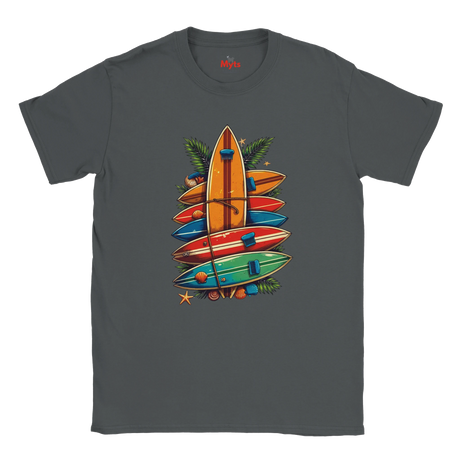 Charcoal t-shirt with colorful surfboard design on a white background