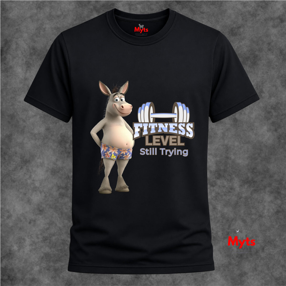Black funny gym T-shirt with cartoon donkey in floral shorts, dumbbell graphic and Fitness Level Still Trying slogan.