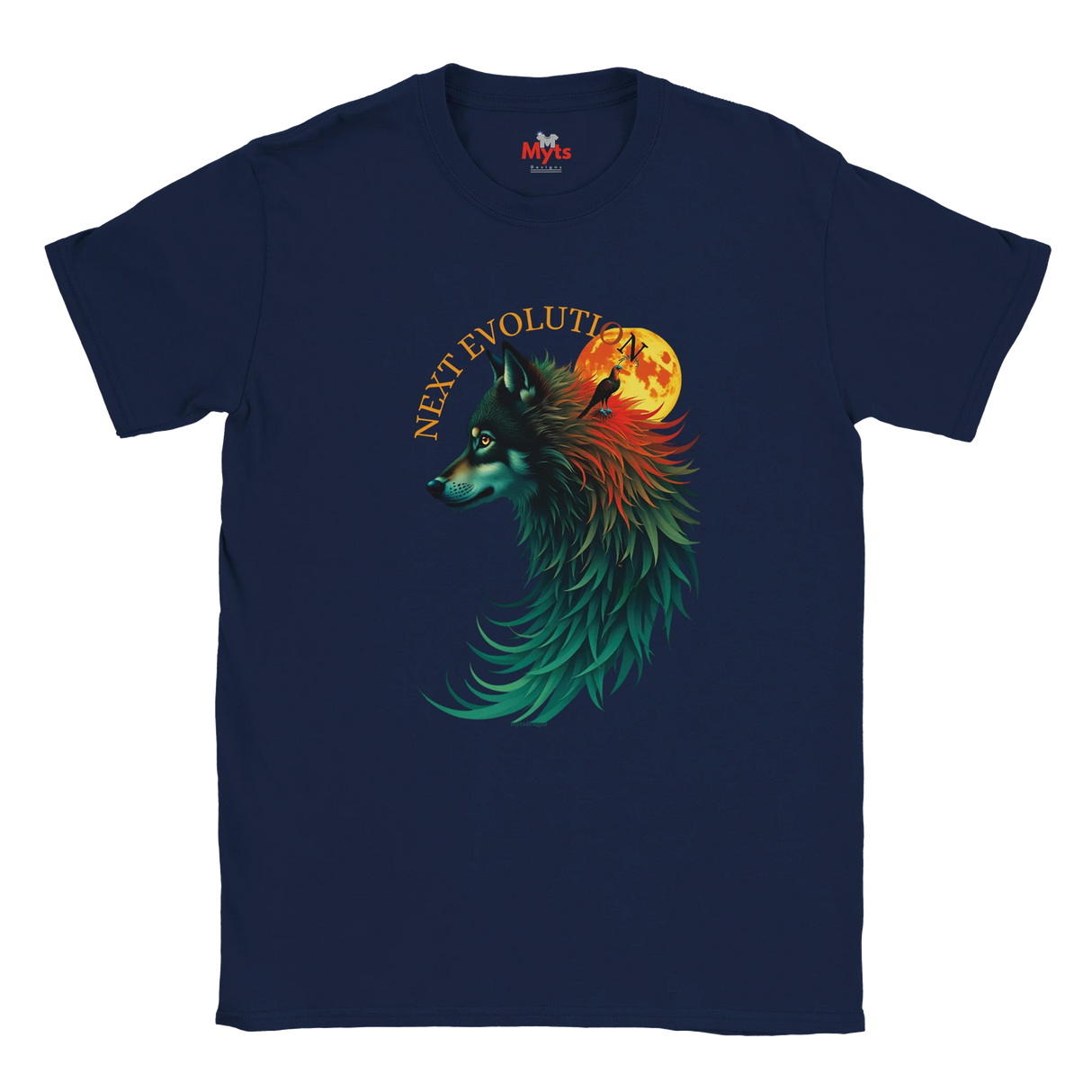 A navy blue short-sleeve crewneck t-shirt featuring a graphic print of a stylized wolf head in profile with teal, green, and orange feather-like details, a full moon, and the text 'NEXT EVOLUTION' in gold.