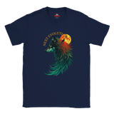 A navy blue short-sleeve crewneck t-shirt featuring a graphic print of a stylized wolf head in profile with teal, green, and orange feather-like details, a full moon, and the text 'NEXT EVOLUTION' in gold.