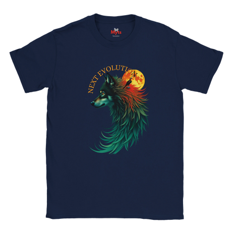 A navy blue short-sleeve crewneck t-shirt featuring a graphic print of a stylized wolf head in profile with teal, green, and orange feather-like details, a full moon, and the text 'NEXT EVOLUTION' in gold.