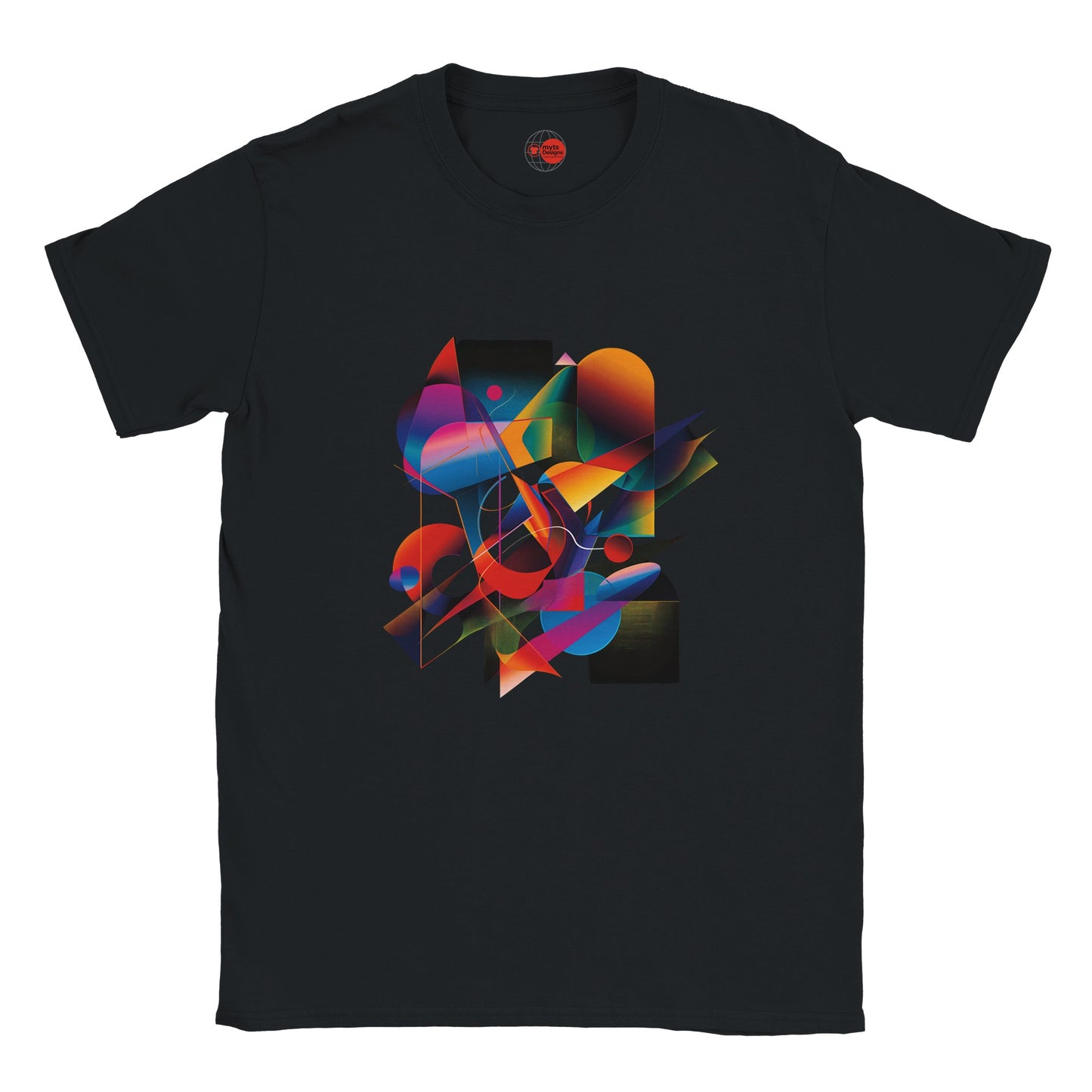 Black t-shirt with a colorful abstract design on a white background