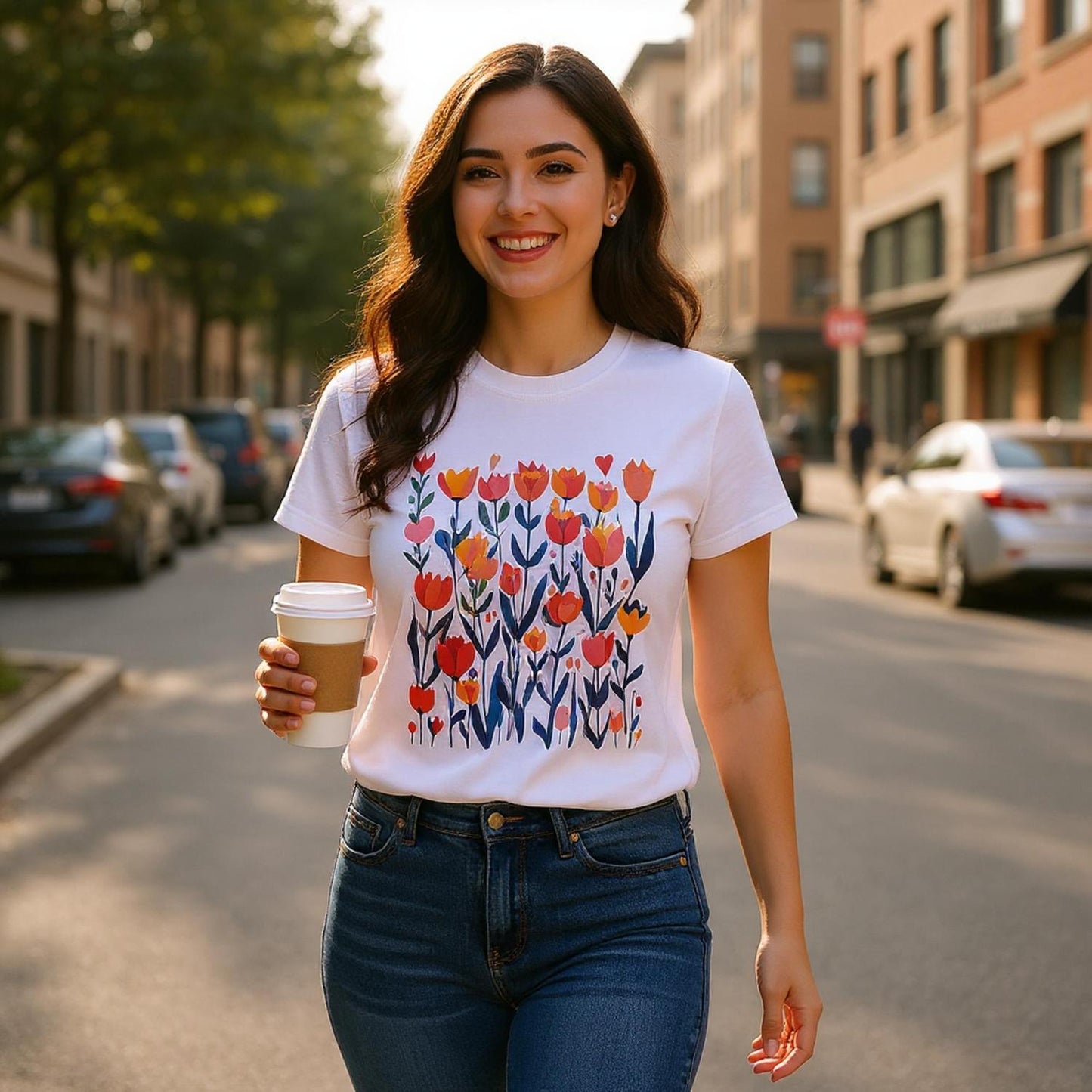 A woman walking in the street with a white Floral T-shirt