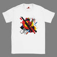 Modern geometric abstract T-shirt with bold colorful shapes printed on white cotton tee