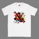 Modern geometric abstract T-shirt with bold colorful shapes printed on white cotton tee