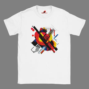 Modern geometric abstract T-shirt with bold colorful shapes printed on white cotton tee