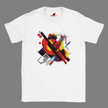 Modern geometric abstract T-shirt with bold colorful shapes printed on white cotton tee