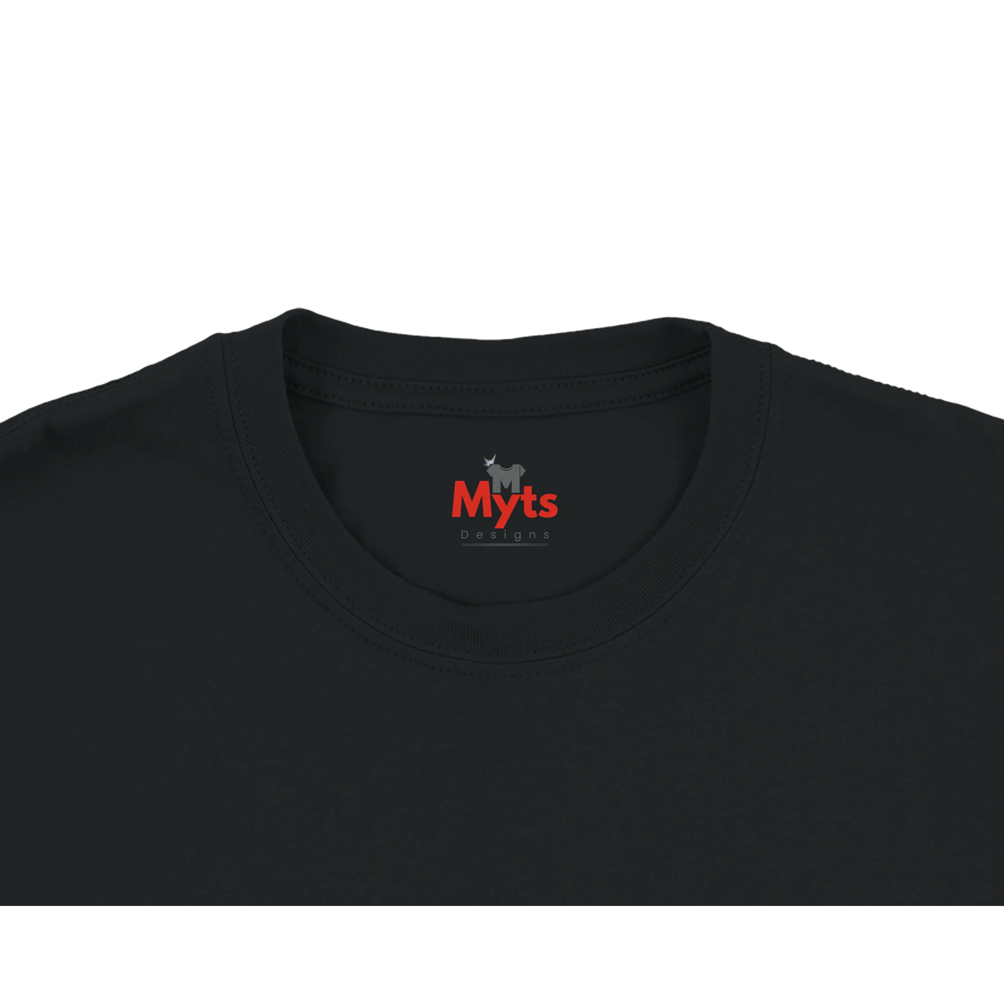 Black t-shirt with a visible brand logo on a white background
