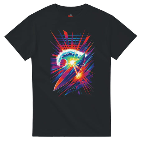 Black t-shirt with a colorful graphic design on a white background
