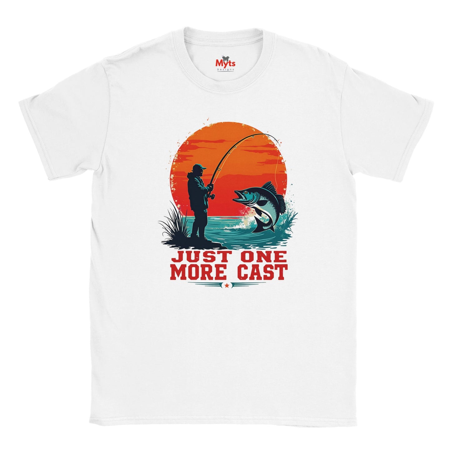 White t-shirt with fishing graphic and 'Just One More Cast' text on a white background
