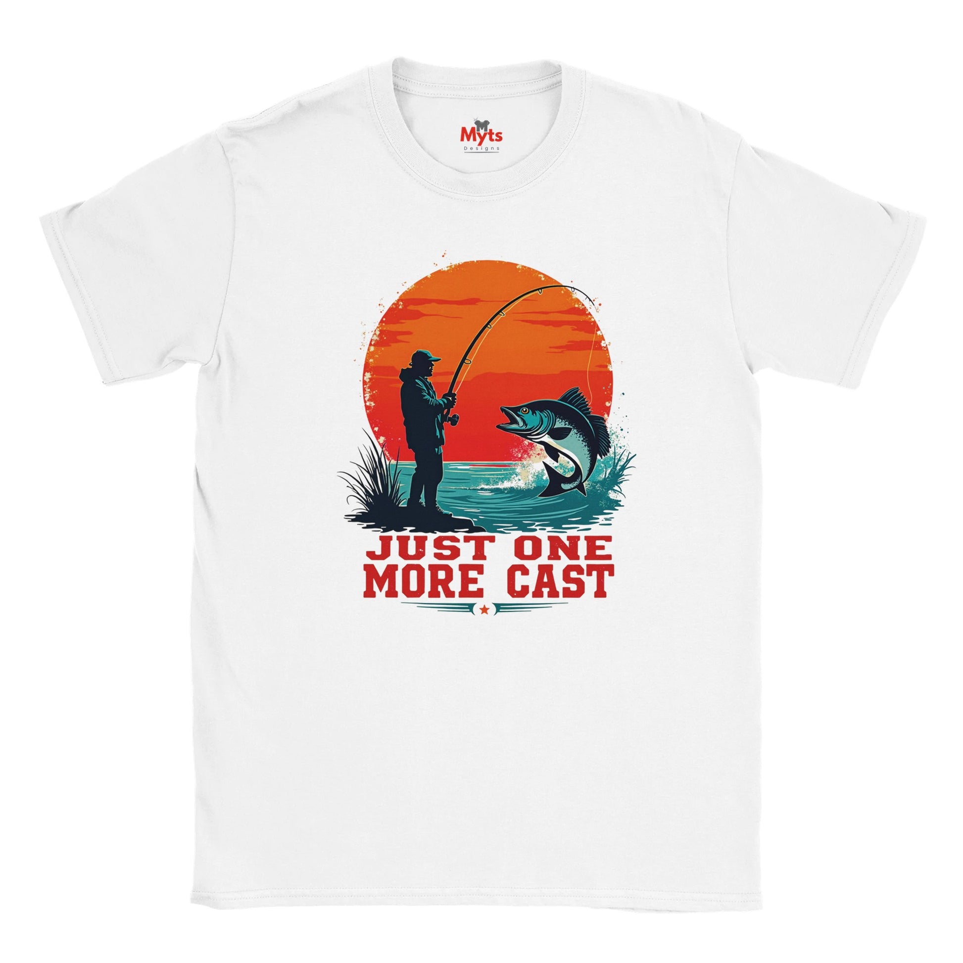 White t-shirt with fishing graphic and 'Just One More Cast' text on a white background