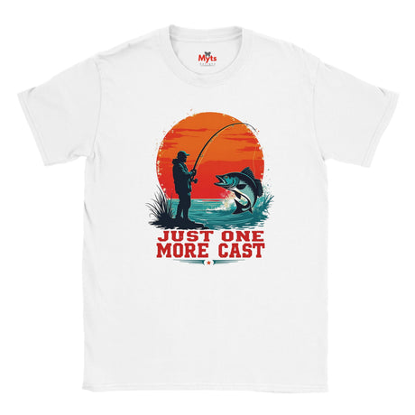 White t-shirt with fishing graphic and 'Just One More Cast' text on a white background