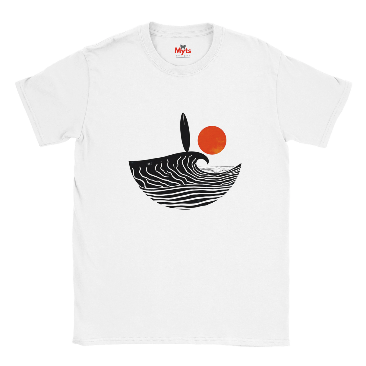 White t-shirt with a black and orange design on a white background