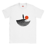 White t-shirt with a black and orange design on a white background