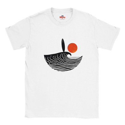 White t-shirt with a black and orange design on a white background