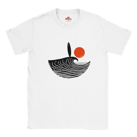 White t-shirt with a black and orange design on a white background