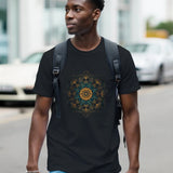 Man wearing a black t-shirt with a geometric design walking on a street.