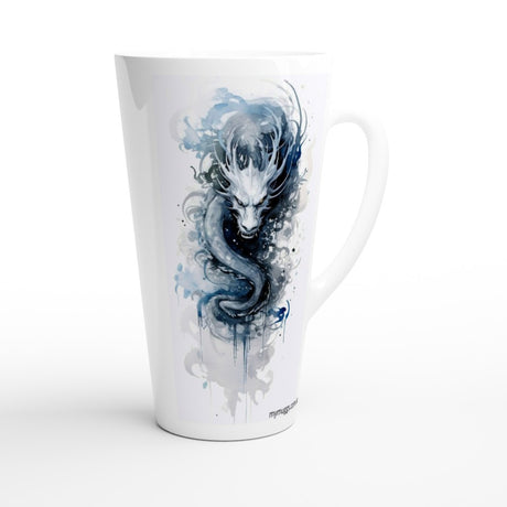 White latte coffee mug featuring a mystical blue and grey watercolour dragon with flowing ink-style details.