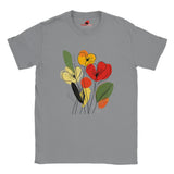 Sports Grey t-shirt featuring minimalist floral line art with abstract red, yellow, and orange flowers and green leaves, laid flat white background