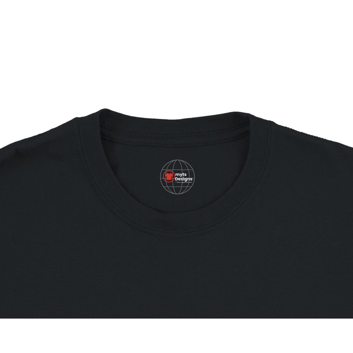 Black t-shirt with a logo on the collar against a white background