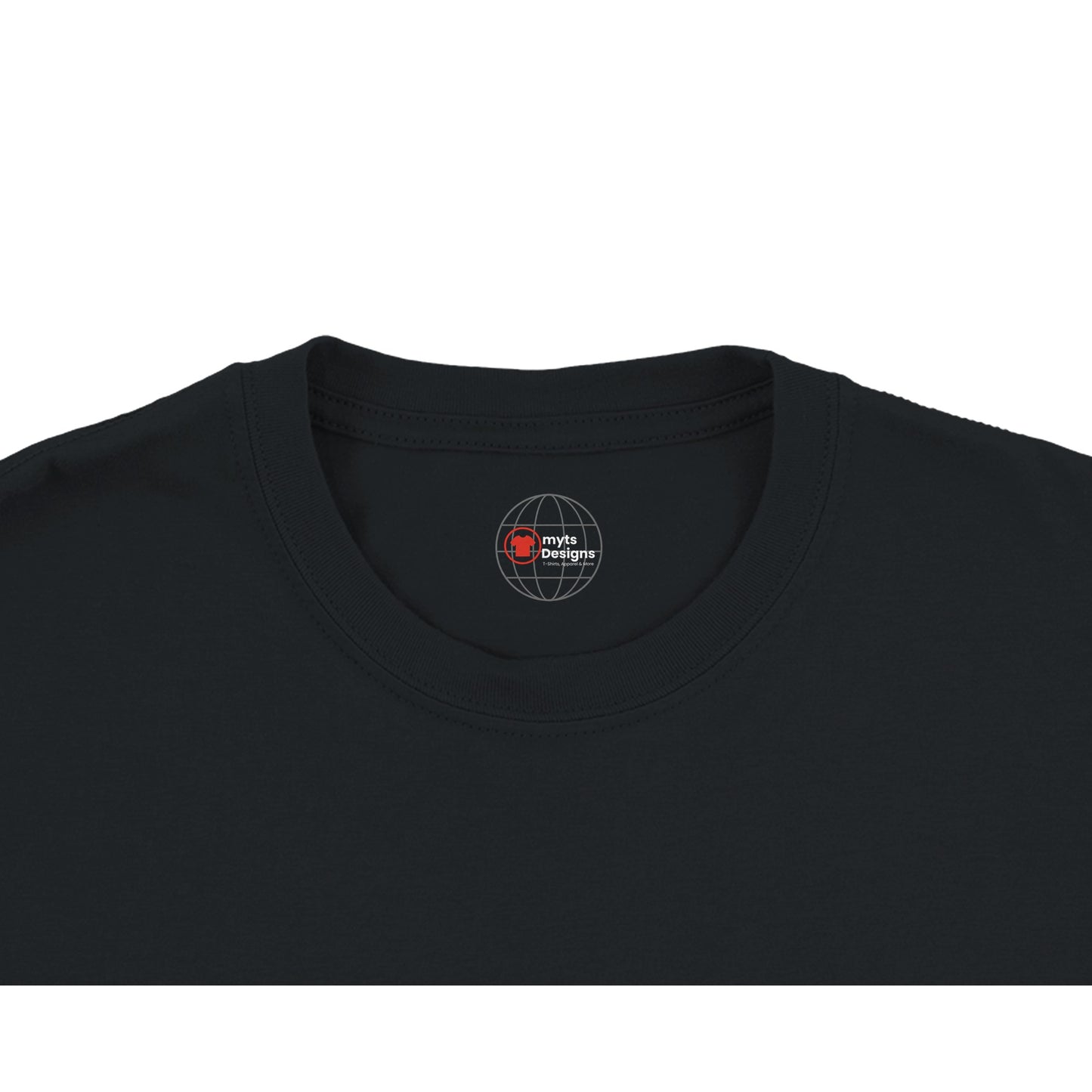 Black t-shirt with a logo on the collar against a white background