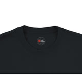 Black t-shirt with a logo on the collar against a white background