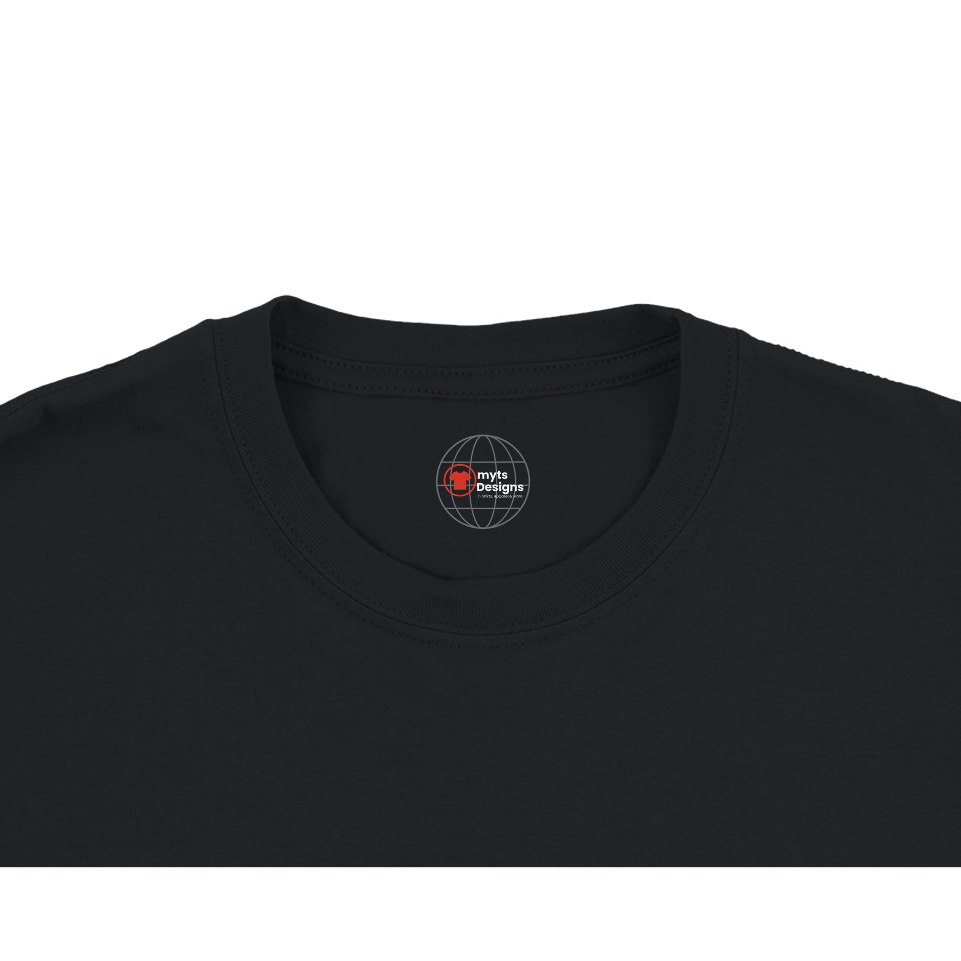 Black t-shirt with a logo on the collar against a white background