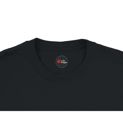 Black t-shirt with a logo on the collar against a white background