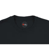 Black t-shirt with a logo on the collar against a white background