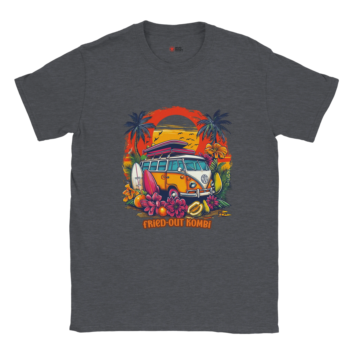A dark heather T-shirt with a vibrant graphic of a retro yellow Kombi van, surfboards, tropical flowers, palm trees, and a bold orange sunset.