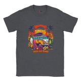 A dark heather T-shirt with a vibrant graphic of a retro yellow Kombi van, surfboards, tropical flowers, palm trees, and a bold orange sunset.