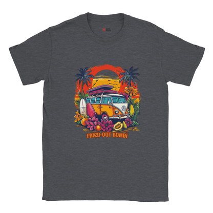 A dark heather T-shirt with a vibrant graphic of a retro yellow Kombi van, surfboards, tropical flowers, palm trees, and a bold orange sunset.
