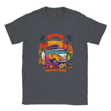 A dark heather T-shirt with a vibrant graphic of a retro yellow Kombi van, surfboards, tropical flowers, palm trees, and a bold orange sunset.